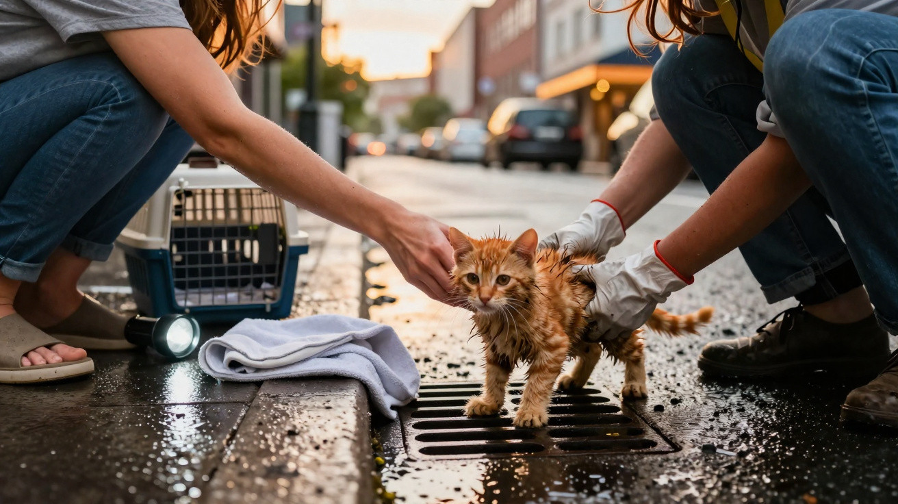 Duas pessoas ajudam um gato molhado numa sarjeta numa rua urbana ao pôr do sol.