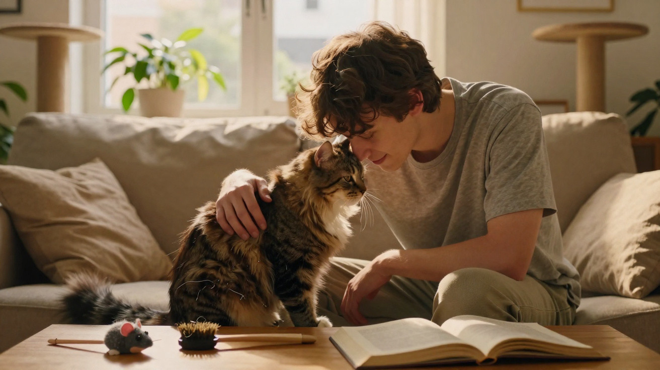 Rapaz acaricia um gato sentado junto numa sala iluminada perto de um livro aberto numa mesa de madeira.