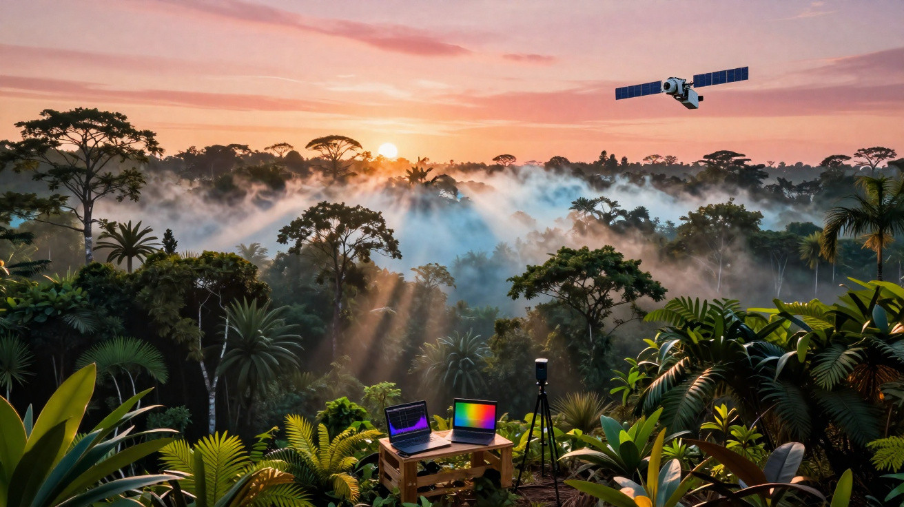Floresta ao nascer do sol com névoa, mesa com computadores e satélite no céu a monitorizar o ambiente.