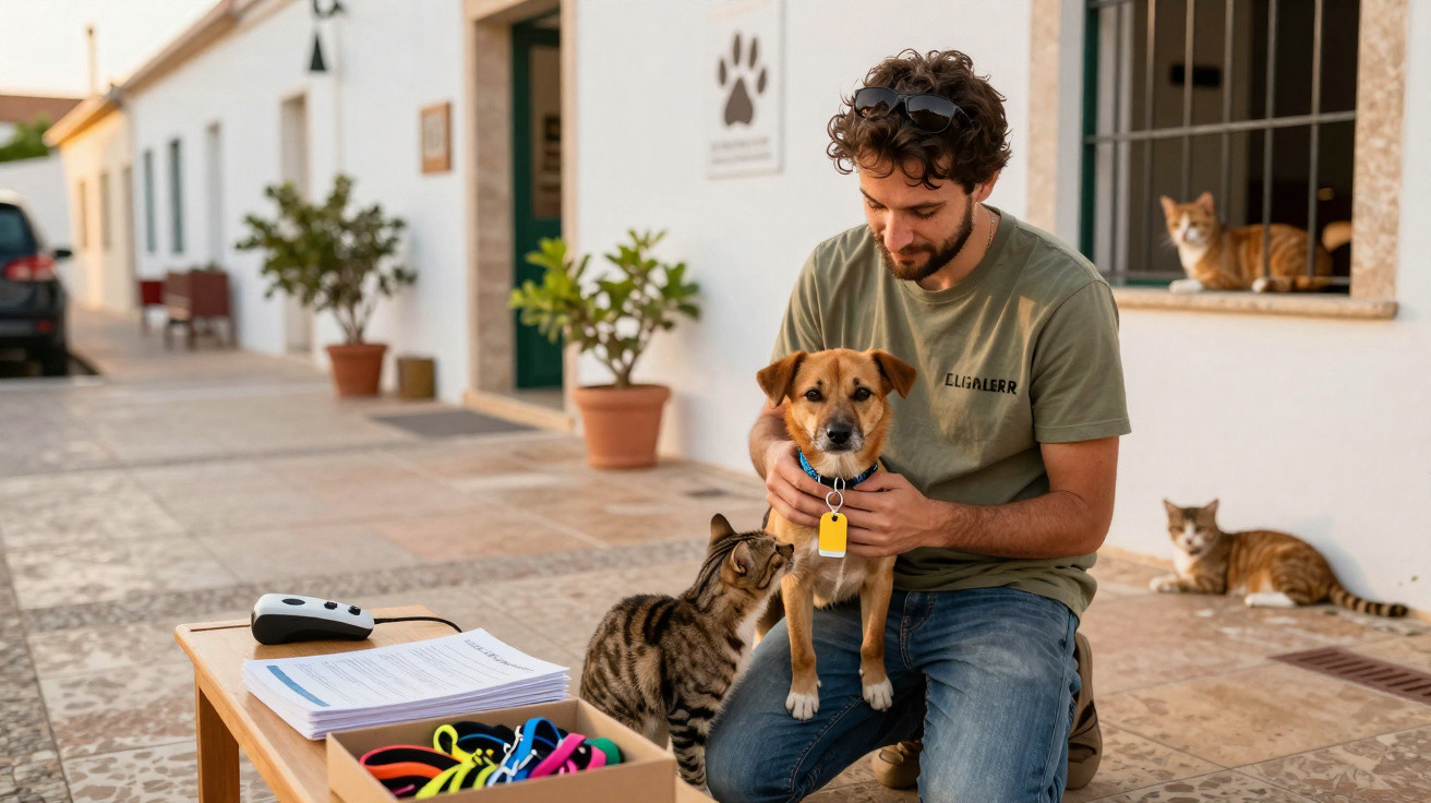Homem ajoelhado ao ar livre a pegar num cão, rodeado por gatos junto a uma mesa com coleiras coloridas.