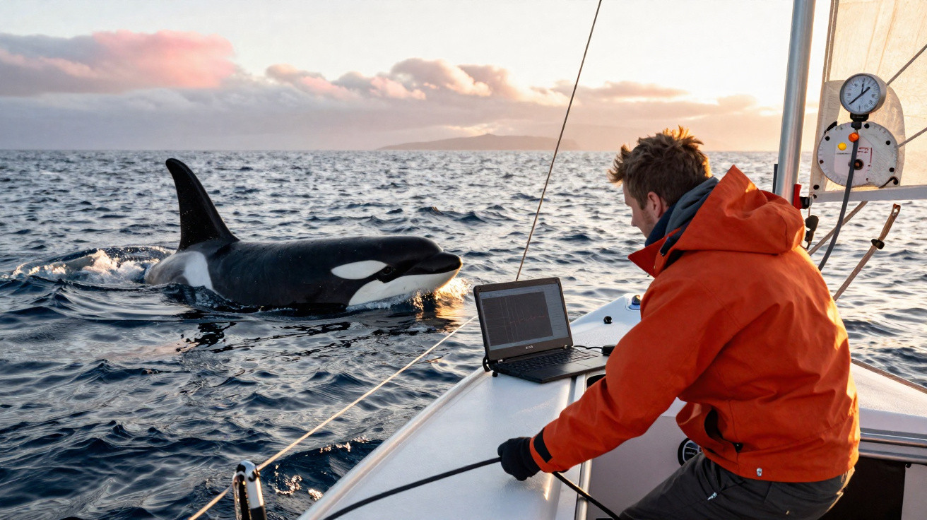 Homem com casaco laranja num barco observa uma orca que nada perto ao pôr do sol no mar aberto.