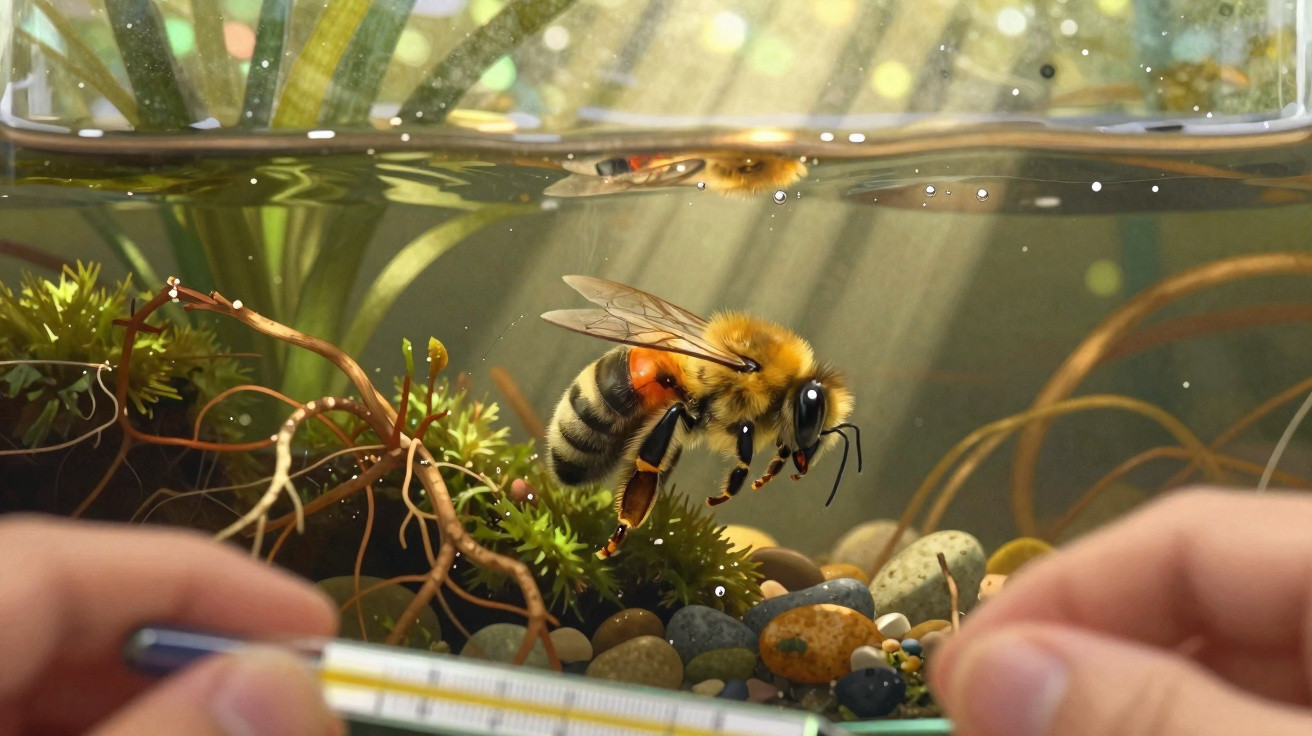 Abelha submersa em água num aquário, rodeada de plantas, pedras e mãos humanas com termómetro.