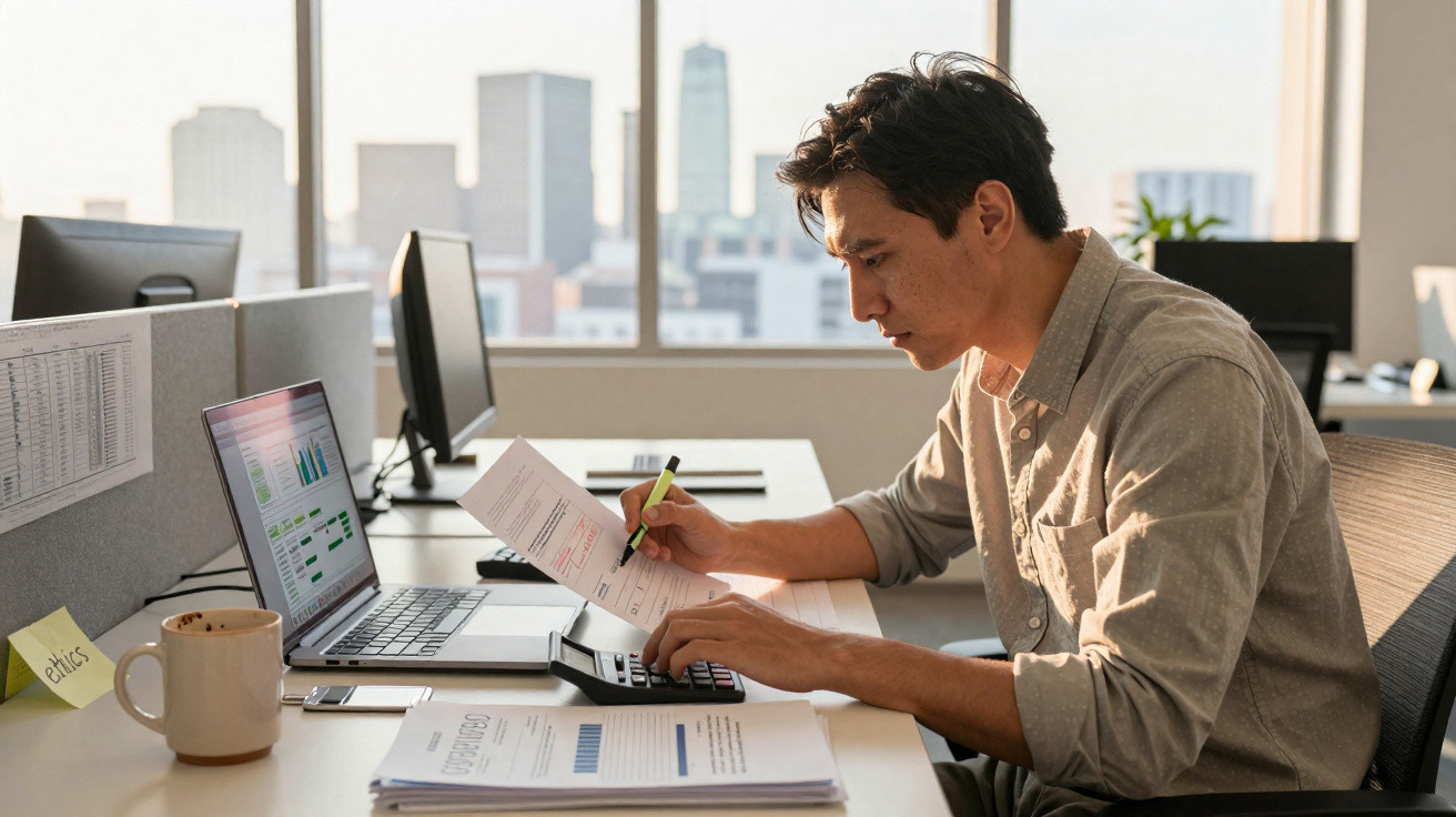 Homem a trabalhar num escritório moderno, analisando documentos e usando uma calculadora junto a um computador portátil.