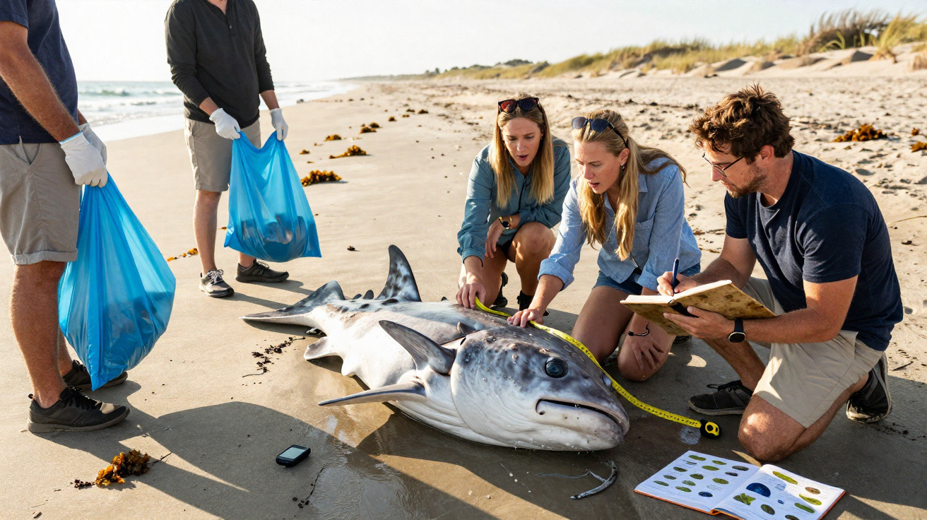 Grupo de pessoas a medir e registar dados de um grande peixe na praia durante um estudo ambiental.