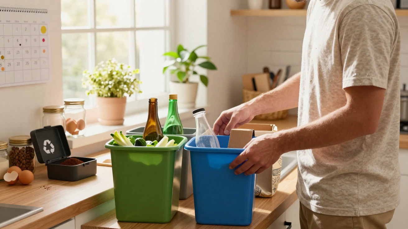 Pessoa a separar lixo reciclável em ecopontos azuis e verdes numa cozinha iluminada.