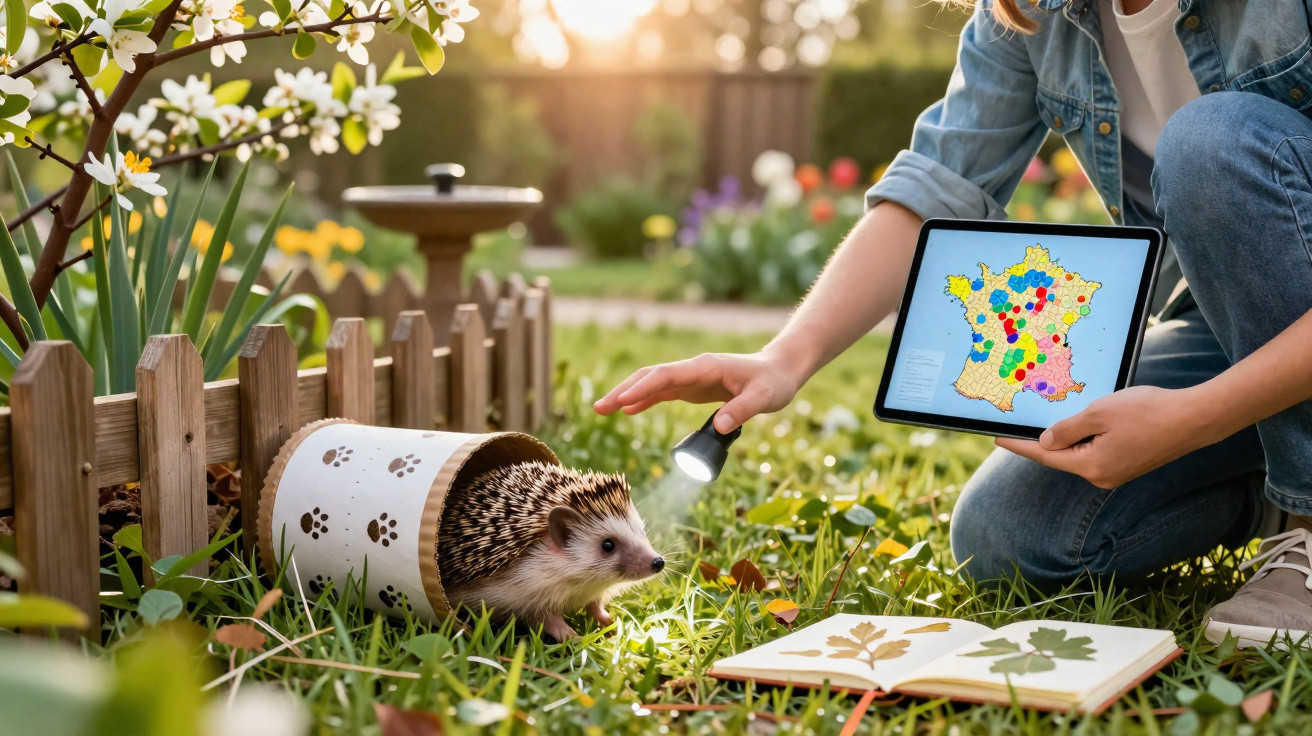 Pessoa a estudar um ouriço no jardim com tablet, lupa e caderno de folhas secas.