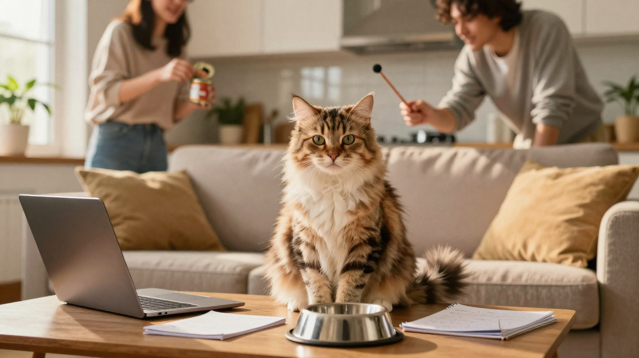 Gato sentado numa mesa ao lado de computador portátil e taça, com duas pessoas a interagirem no sofá ao fundo.