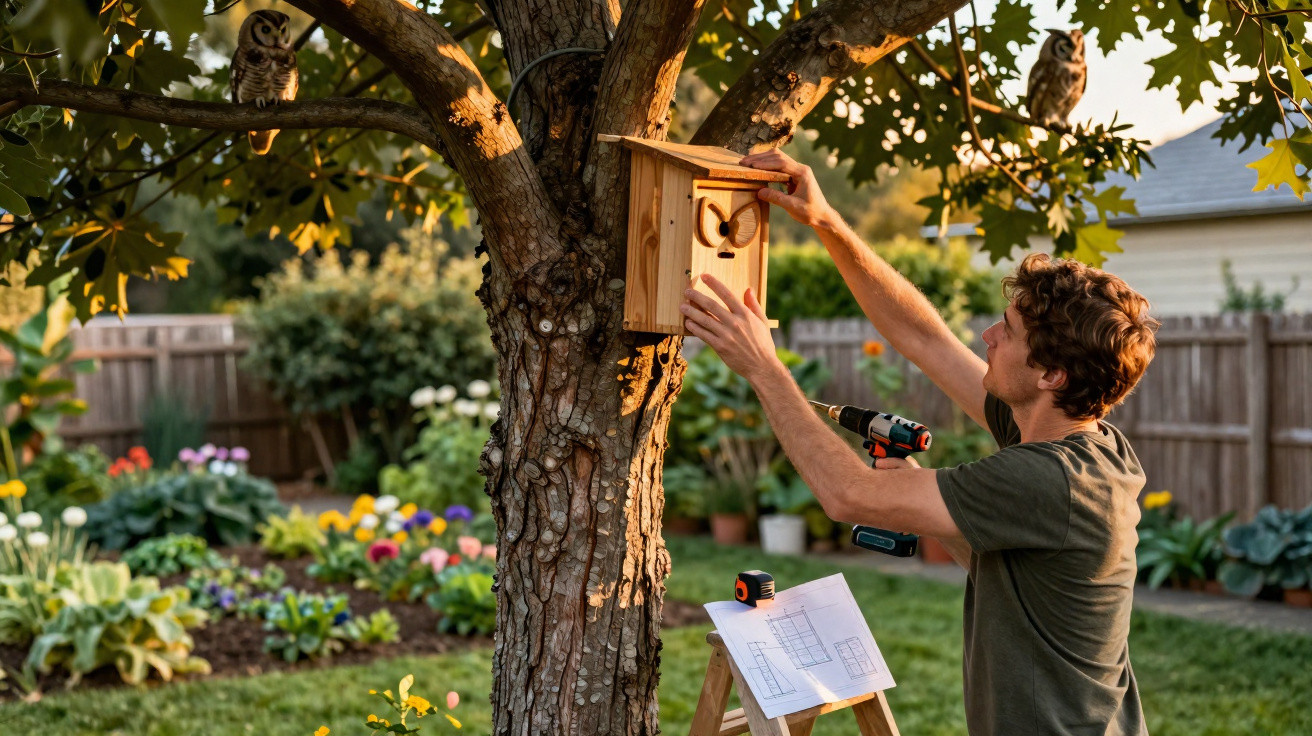 Homem instala caixa-ninho para corujas numa árvore num jardim florido ao entardecer.
