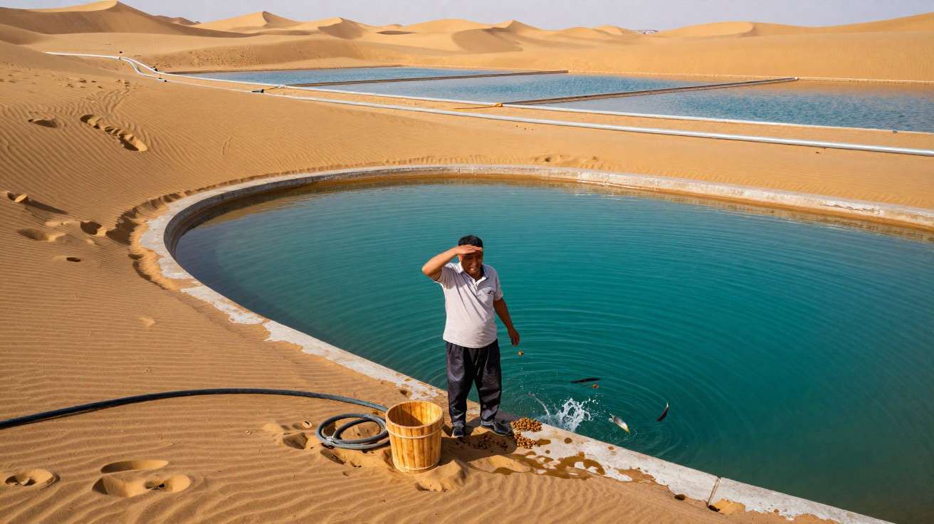 Homem em tanque de peixes circular no meio do deserto com dunas de areia ao fundo.