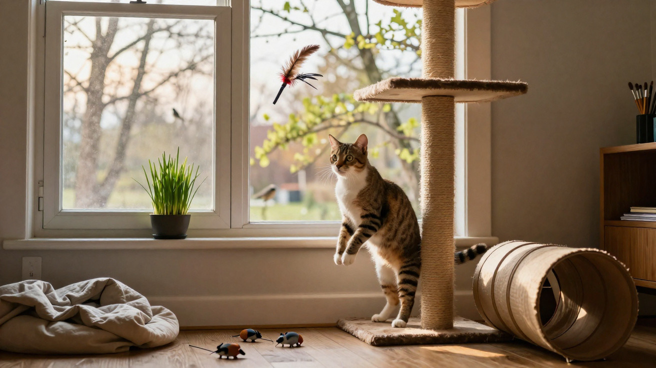 Gato castanho e branco brinca com brinquedo de penas junto ao arranhador perto da janela com planta num vaso.