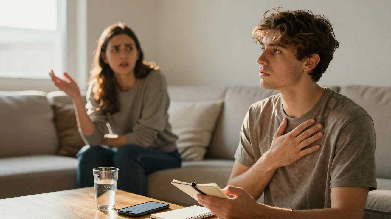 Casal sentado, mulher com expressão preocupada, homem a olhar distante segurando telemóvel e caderno.