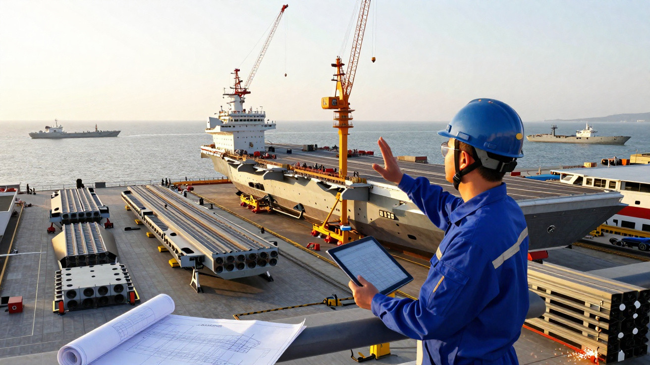 Engenheiro em capacete azul inspeciona navio de carga no cais com guindaste e tubos metálicos ao pôr do sol.