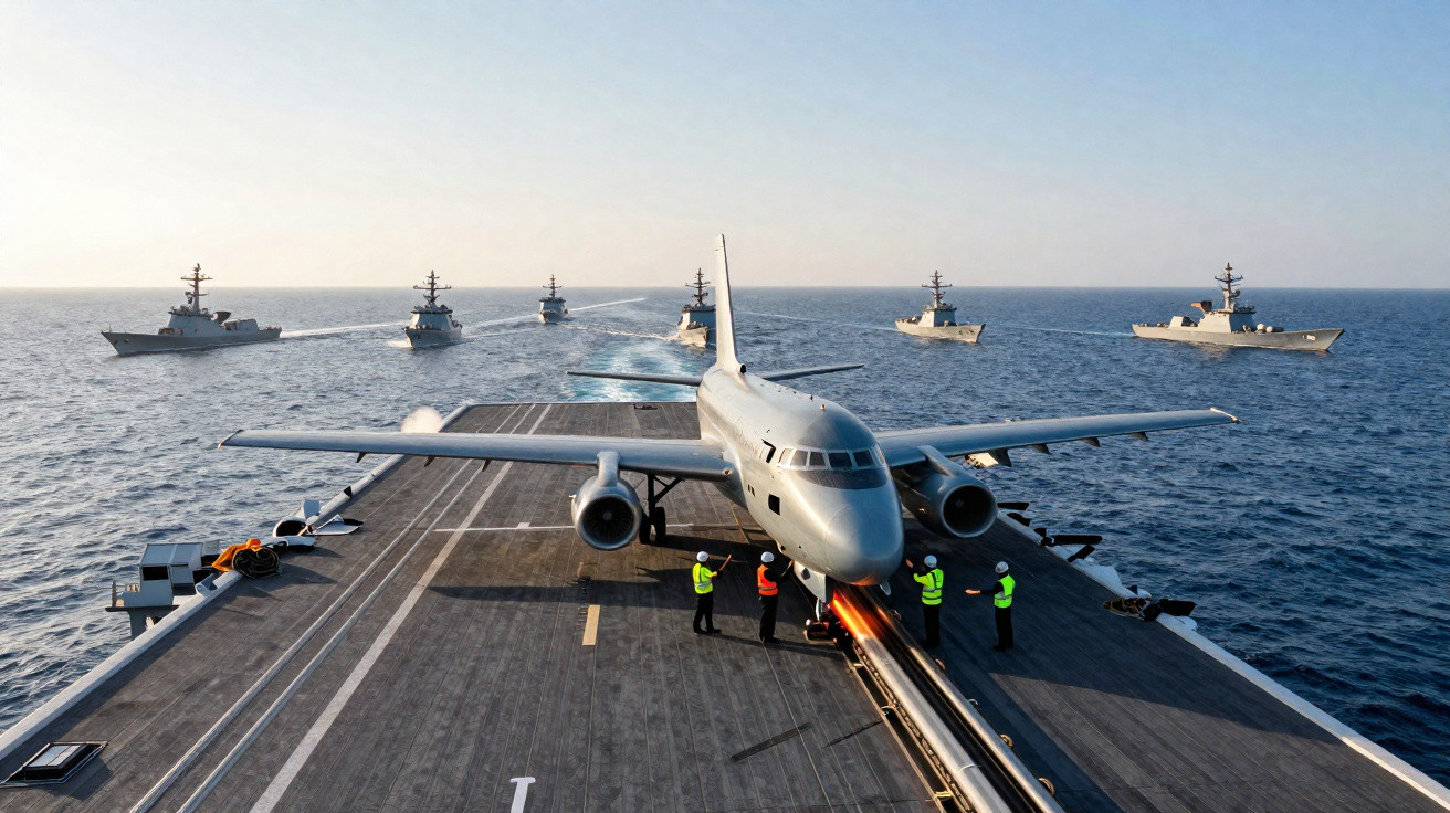 Avião militar numa porta-aviões com quatro tripulantes em preparação no convés e vários navios de guerra ao fundo.