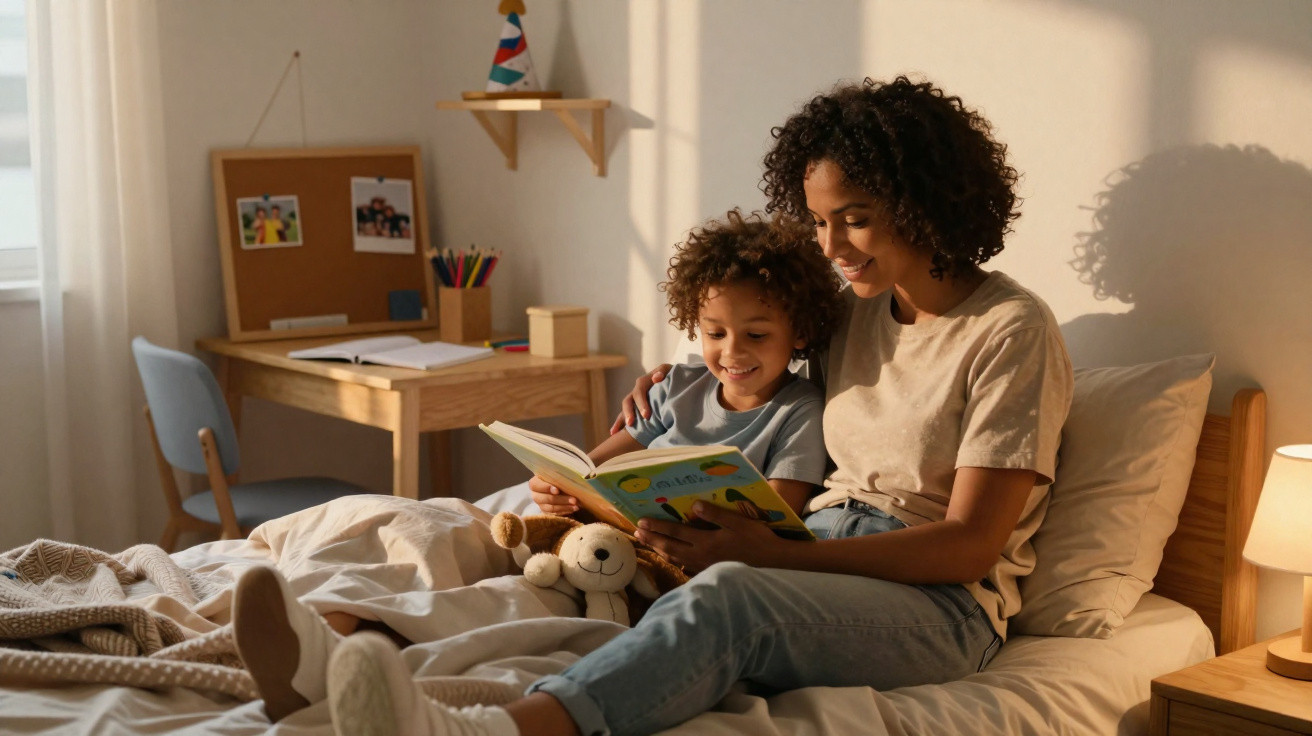 Mãe e filho sorridentes sentados na cama a ler um livro infantil juntos num quarto iluminado.