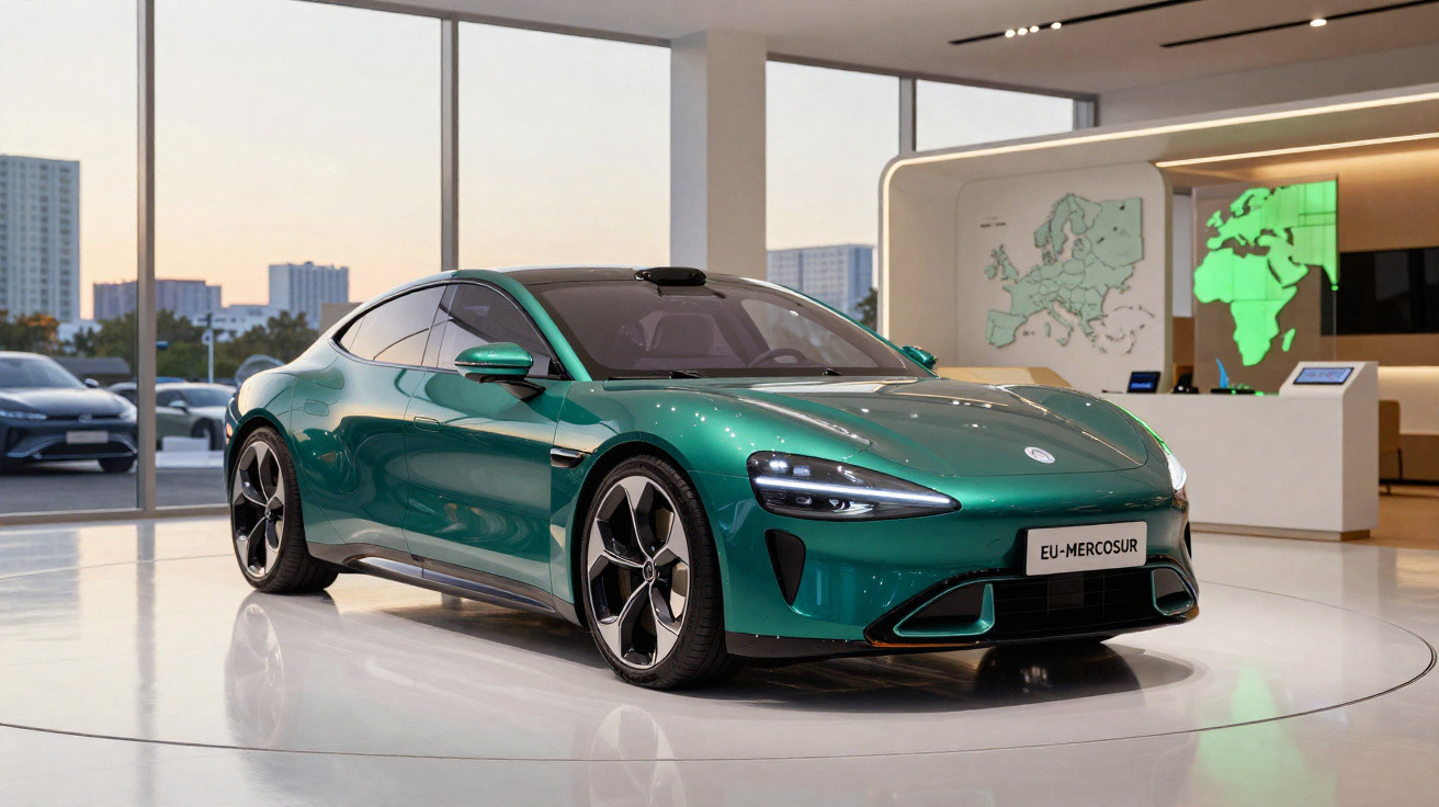 Carro elétrico verde metálico em exposição numa sala moderna com grandes janelas e mapas iluminados.