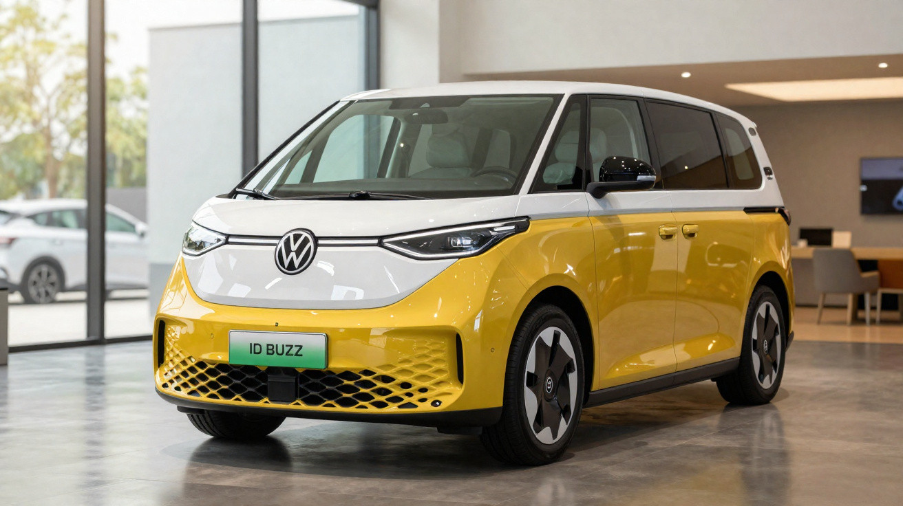 Automóvel elétrico Volkswagen ID Buzz amarelo e branco estacionado em espaço interior moderno.