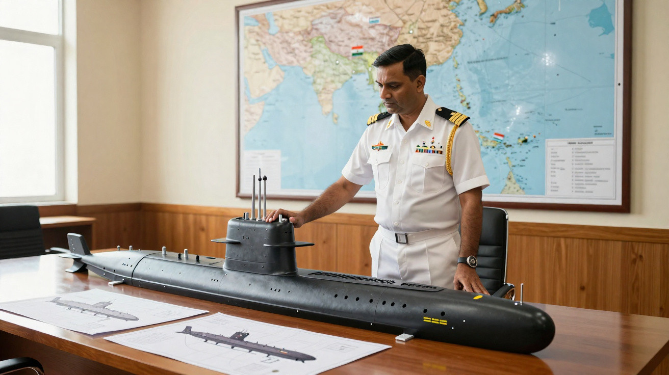 Oficial naval em uniforme branco observa modelo de submarino preto numa sala com mapa mundial ao fundo.