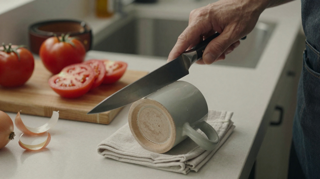 Mão a segurar uma faca sobre uma caneca virada num pano, com tomate e cebola numa bancada de cozinha.