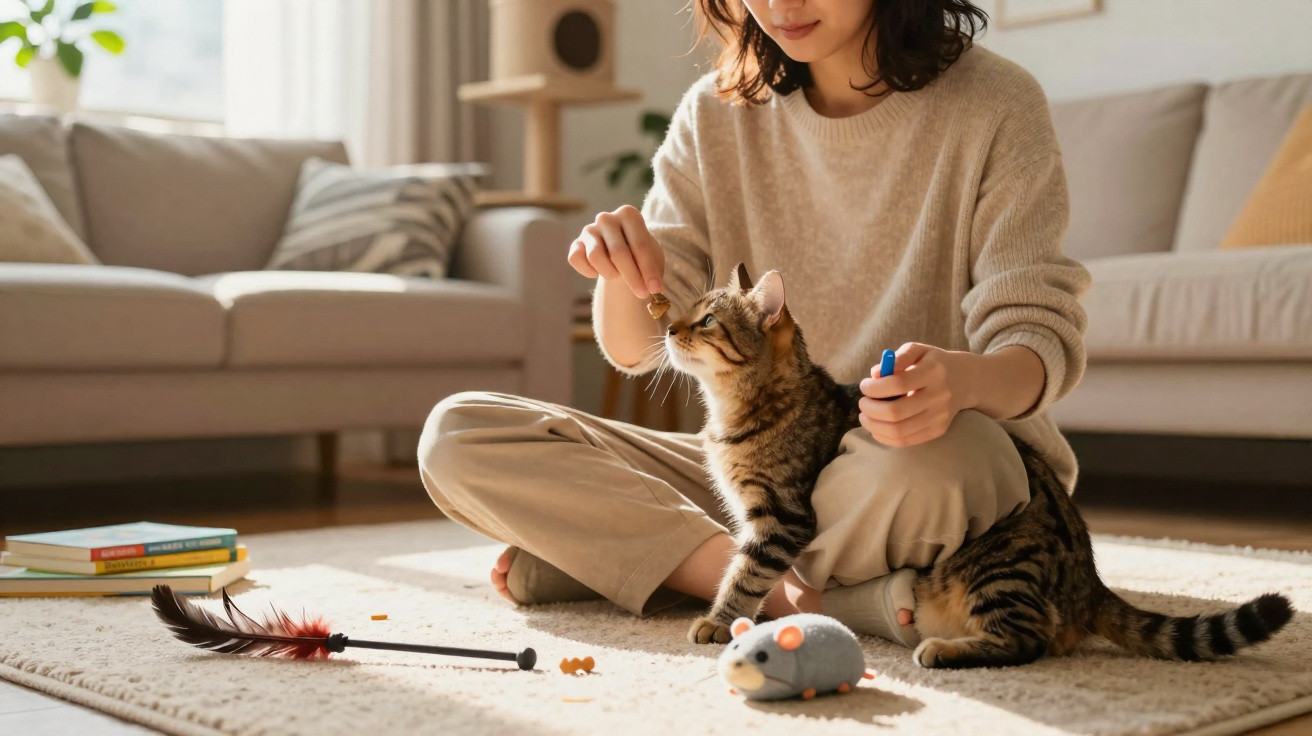 Pessoa sentada no chão a alimentar um gato com brinquedos espalhados pela sala iluminada.