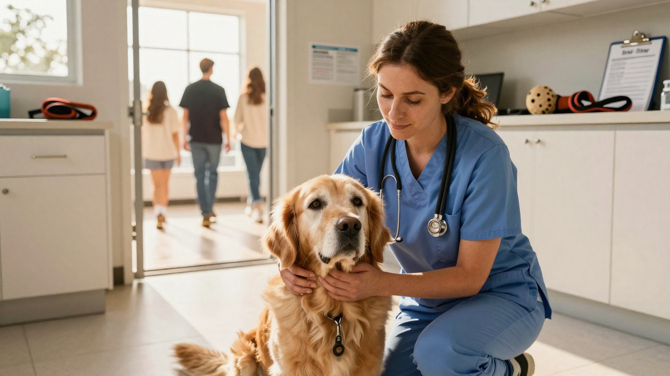 Veterinária a examinar um cão golden retriever numa clínica com uma família ao fundo.