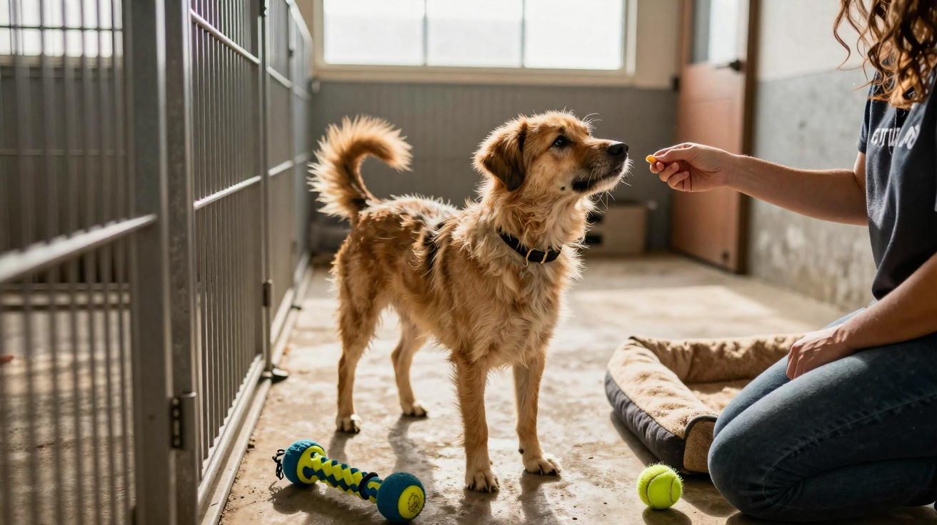 Cão castanho atento a pessoa que lhe oferece um petisco num espaço interior com brinquedos.