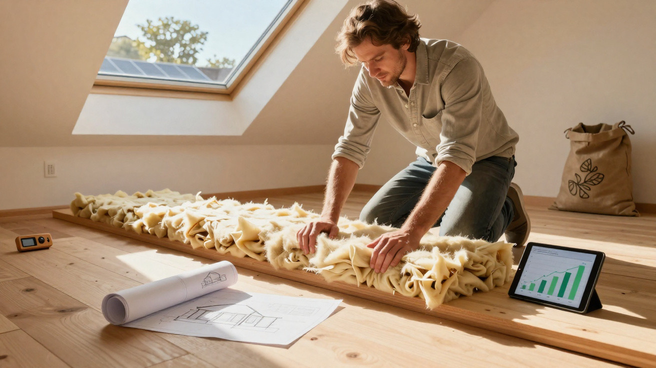 Homem a inspecionar material isolante numa divisão com luz natural, junto a plantas e esquemas técnicos.