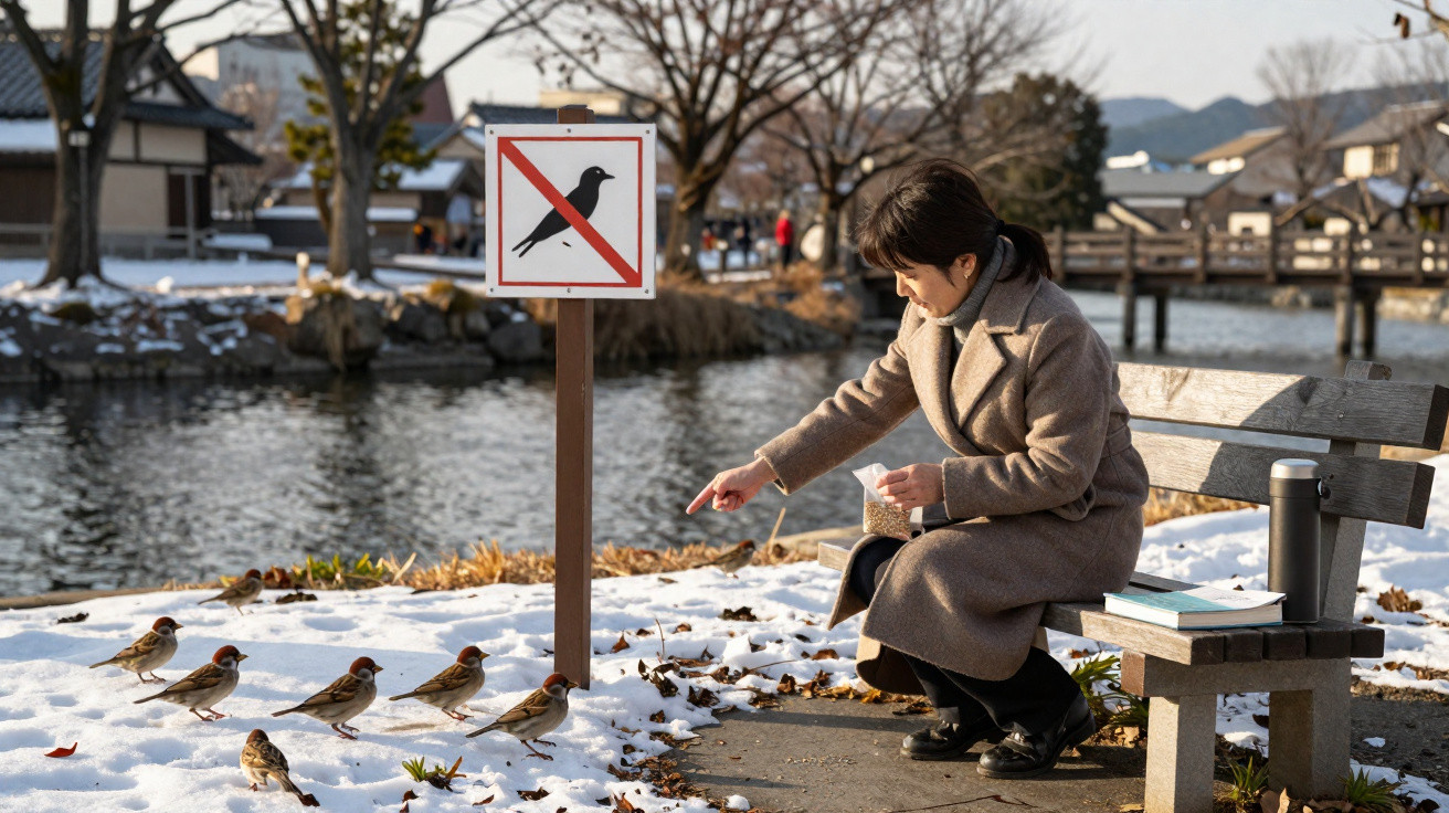 Mulher alimenta pardais perto de lago coberto de neve junto a placa proibindo alimentação de aves.