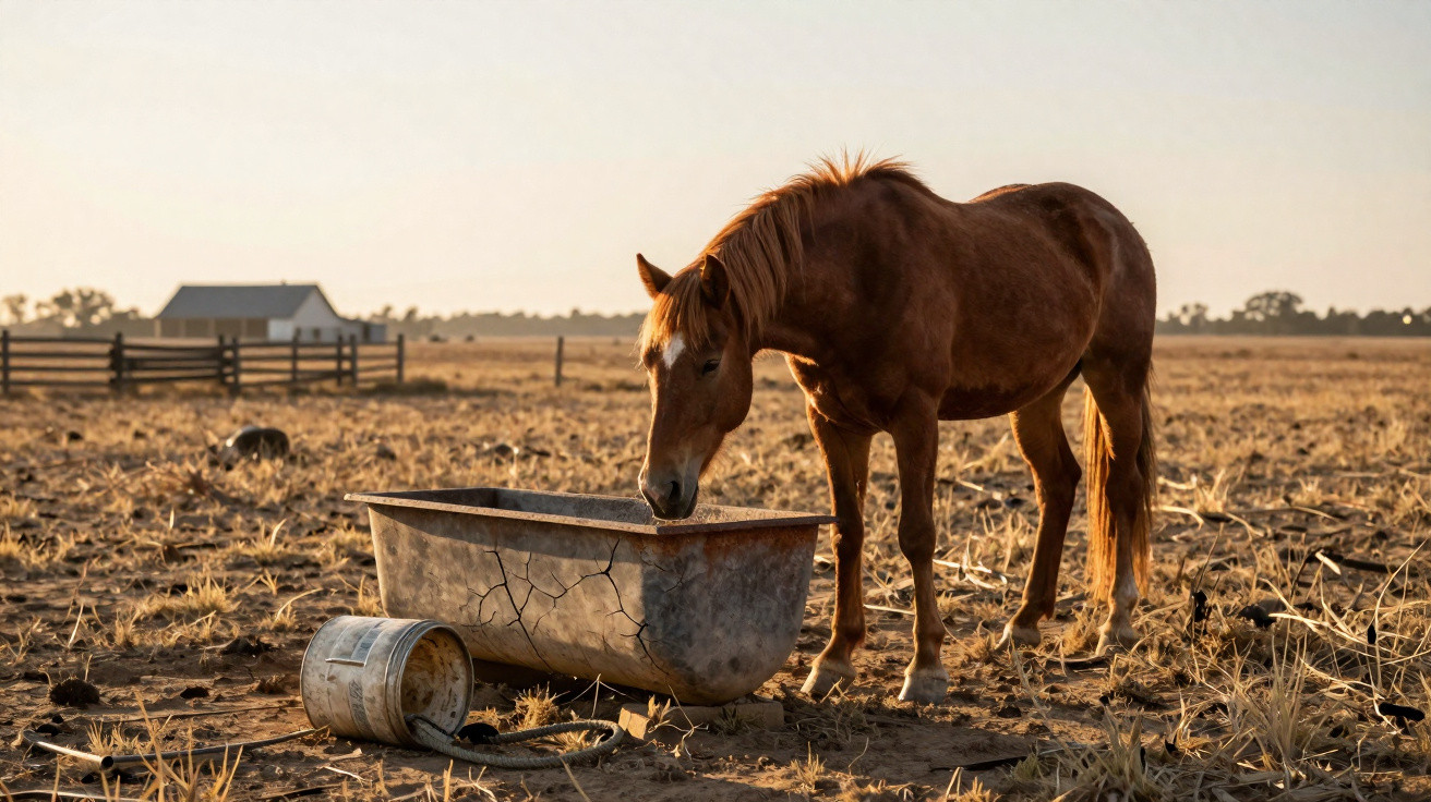 Cavalo castanho junto a bebedouro antigo e rachado num campo seco ao entardecer.
