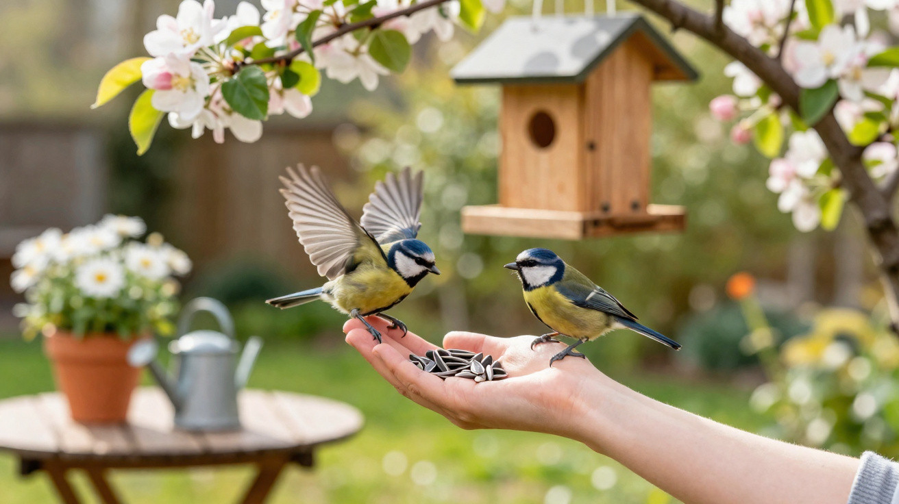 Mão estendida a alimentar dois tentilhões azuis num jardim florido com comedouro de pássaros ao fundo.