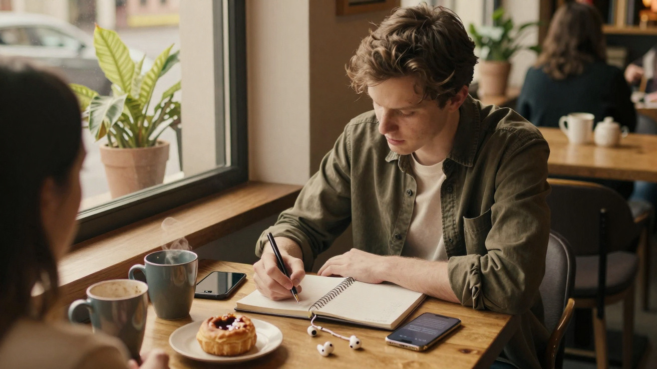 Homem a escrever num caderno numa cafetaria com chá, telemóvel, e pastel numa mesa de madeira.
