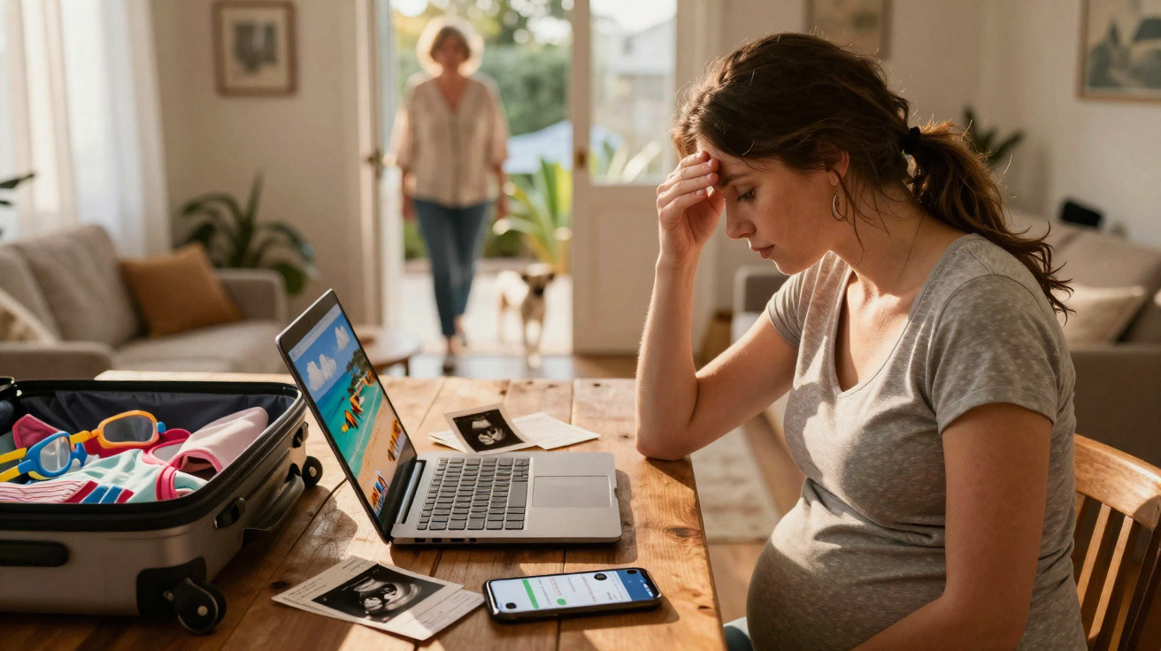 Mulher grávida preocupada sentada à mesa com malas, laptop e ecografias, com outra pessoa ao fundo numa sala.