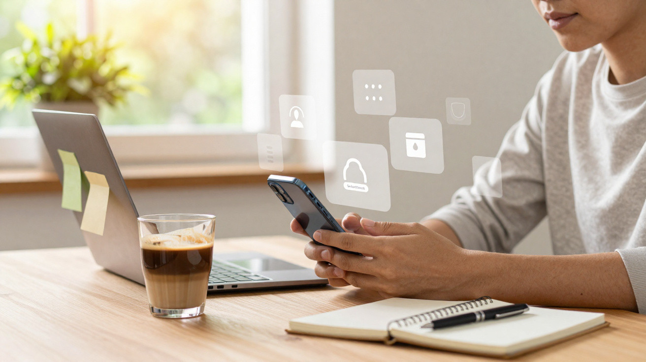 Pessoa a usar smartphone numa secretária com portátil, caderno e café, num ambiente de trabalho iluminado.