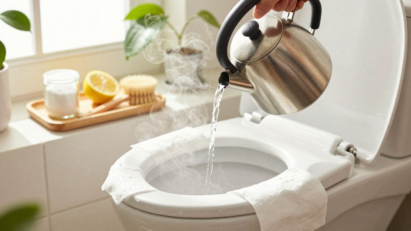 Jarro a verter água quente com vapor numa sanita com papel higiénico branco para limpeza.