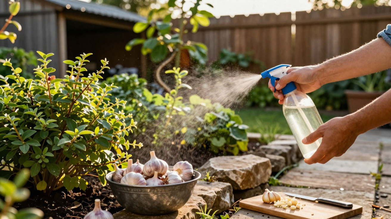 Pessoa a pulverizar plantas num jardim com pulverizador de água transparente.