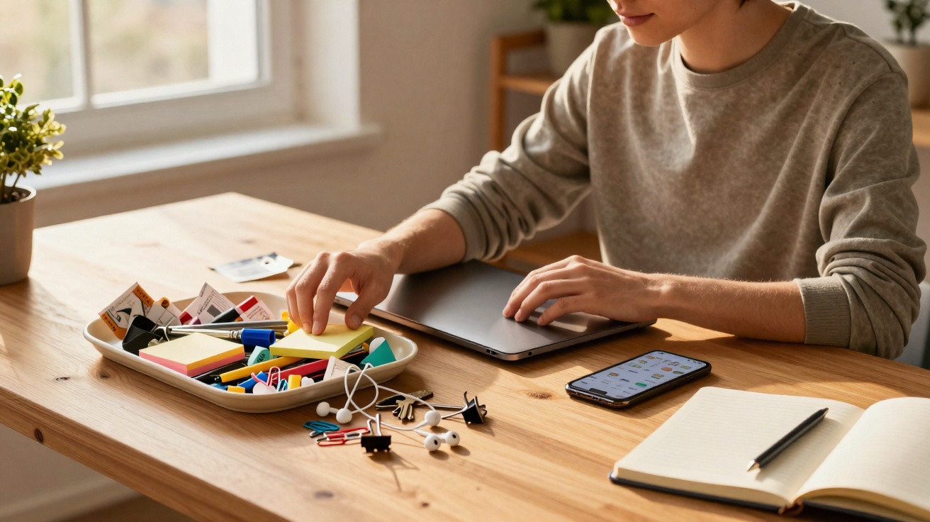 Pessoa sentada à mesa, organizando materiais de escritório, com computador portátil e telemóvel ao lado.