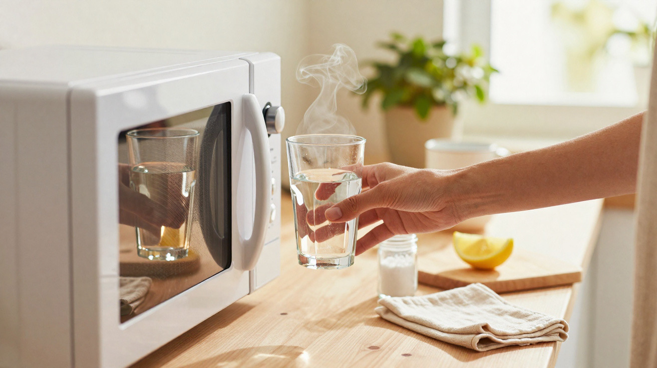 Mão a retirar copo com água quente a fumegar do micro-ondas numa cozinha luminosa e arrumada.