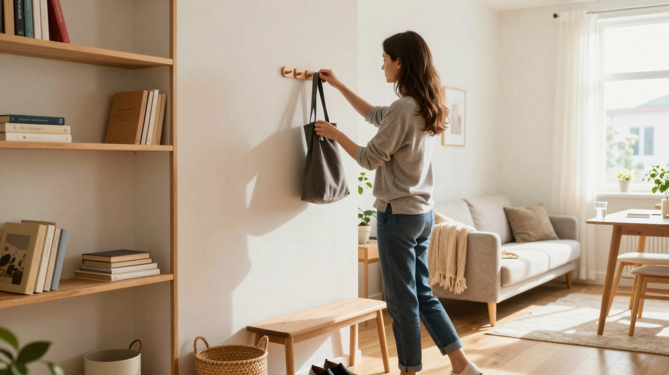 Mulher pendura mala num gancho numa sala luminosa com sofá, estante e mesa de refeições.