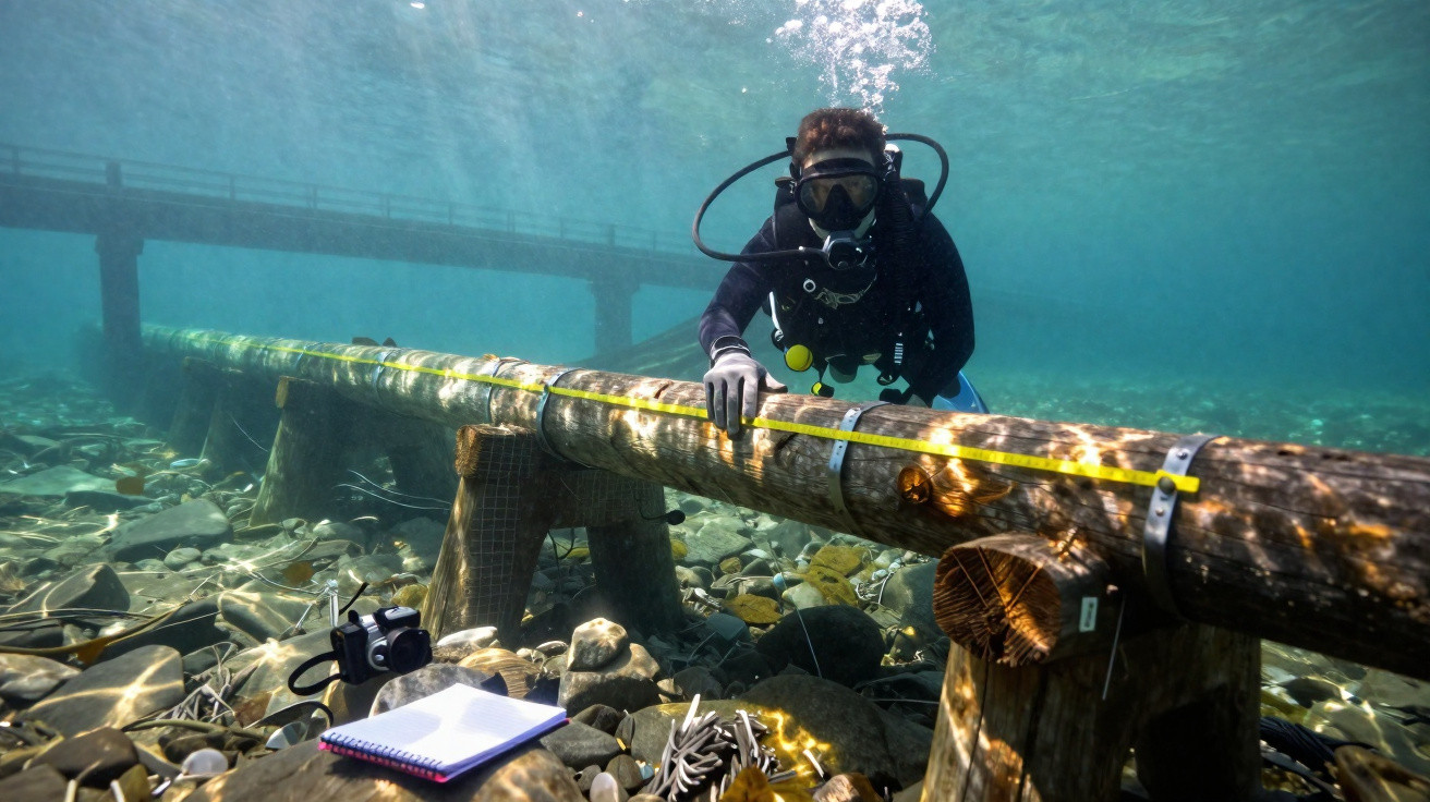 Mergulhador a medir e estudar estrutura subaquática de madeira num rio com equipamento de mergulho e caderno.