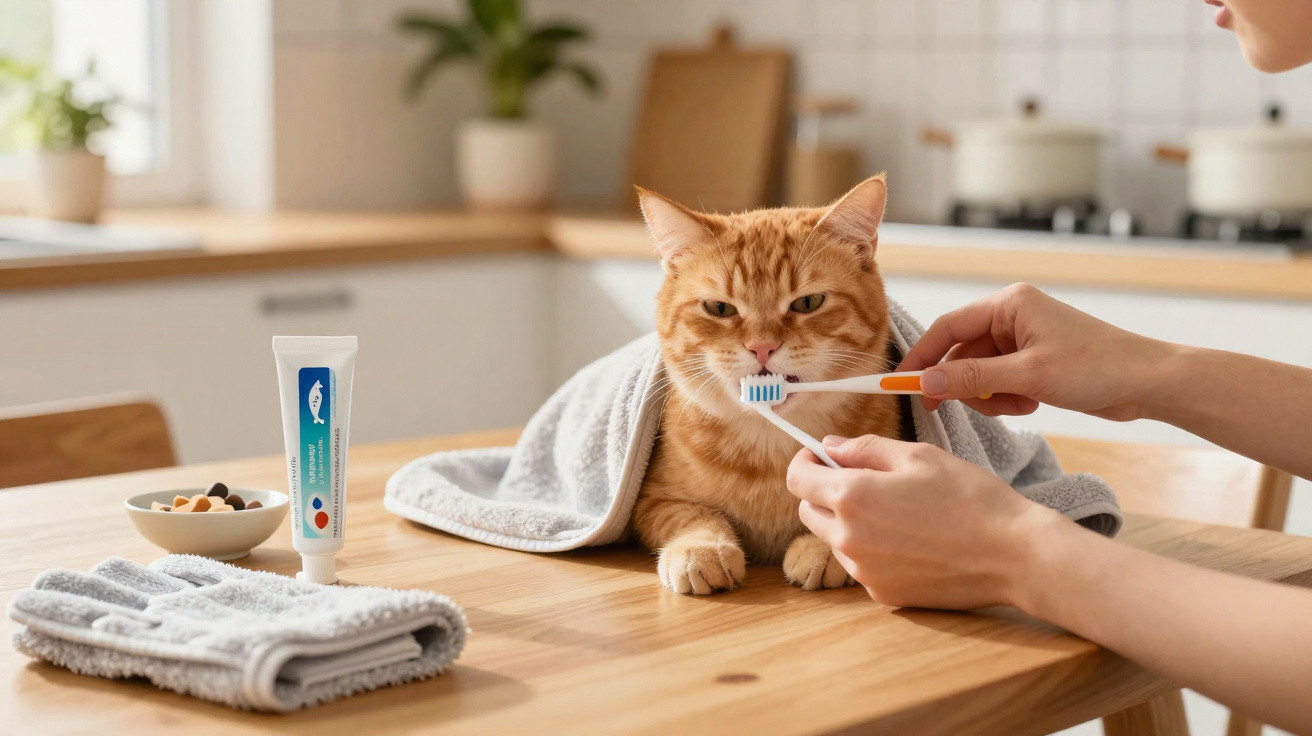 Gato ruivo enrolado numa toalha sobre mesa, com escova de dentes aplicada nos dentes por mão humana.