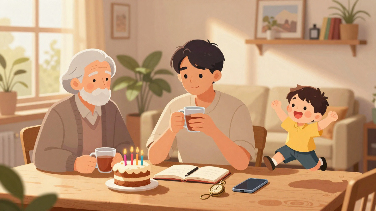 Três gerações celebram aniversário com bolo e chá numa sala iluminada e acolhedora.