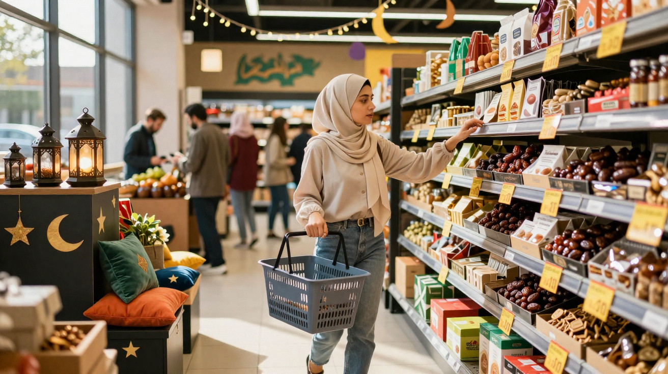 Mulher com hijab a fazer compras numa mercearia decorada com almofadas e lanternas luminosas.