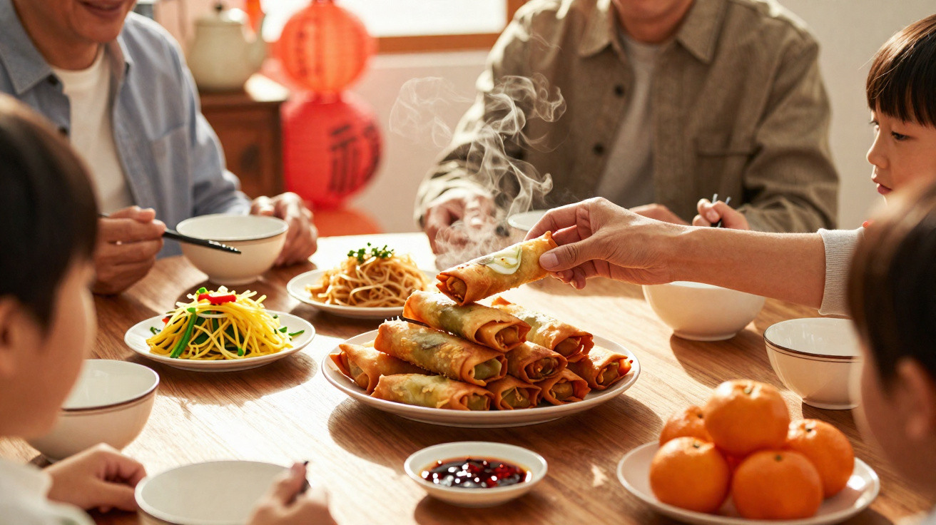 Família asiática a partilhar uma refeição com rolinhos primavera, noodles e tangerinas numa mesa de madeira.