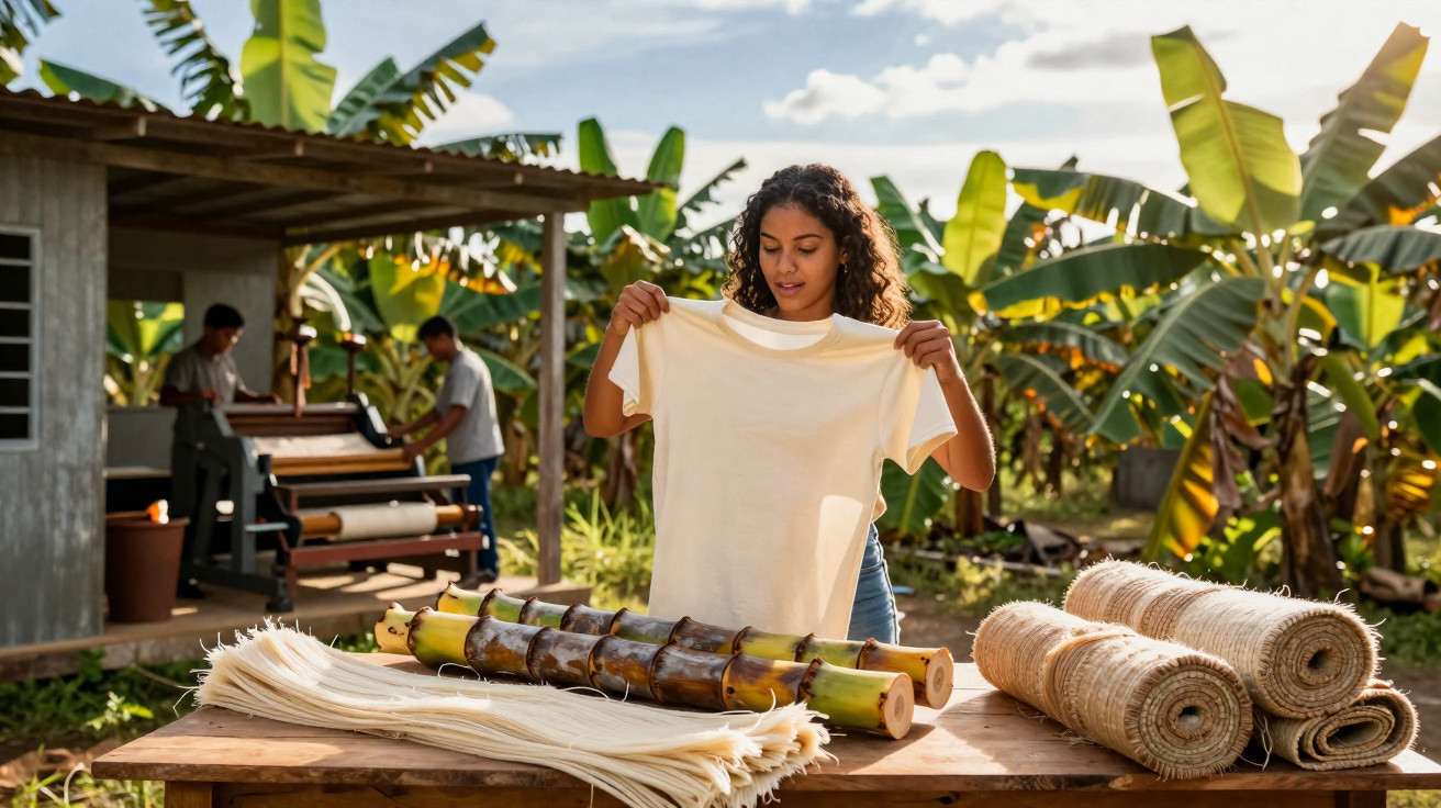 Mulher segura t-shirt feita de fibra natural, com rolos de fibra e canas numa mesa ao ar livre.