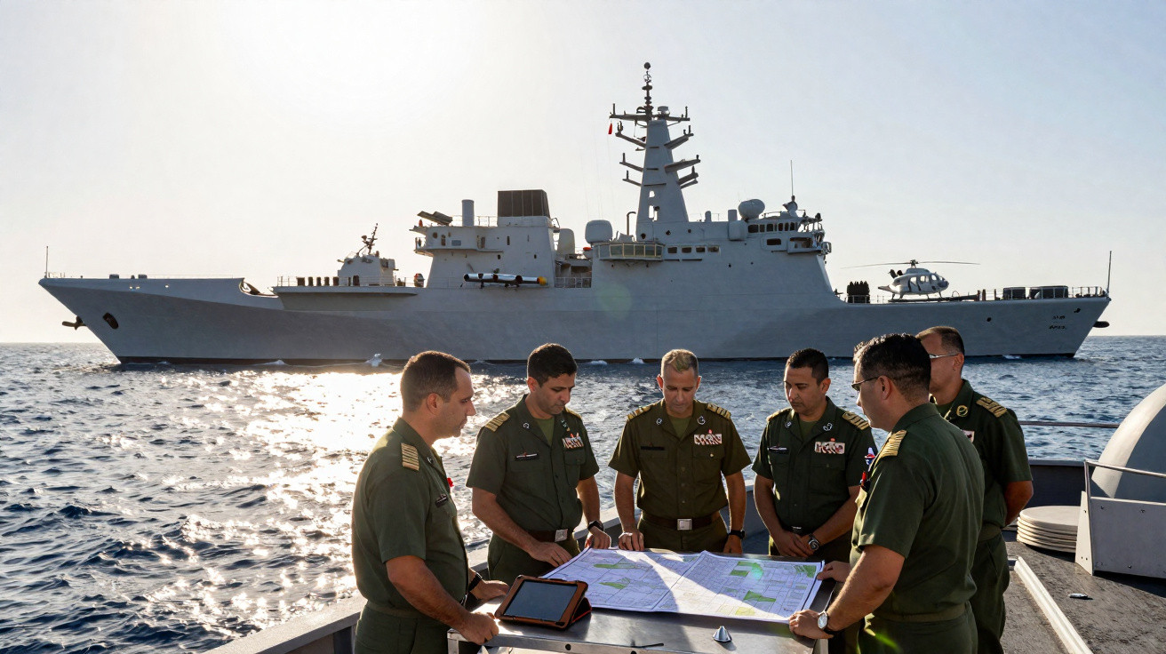 Seis militares em convés de navio com farda verde analisando mapa, navio de guerra e helicóptero ao fundo no mar.