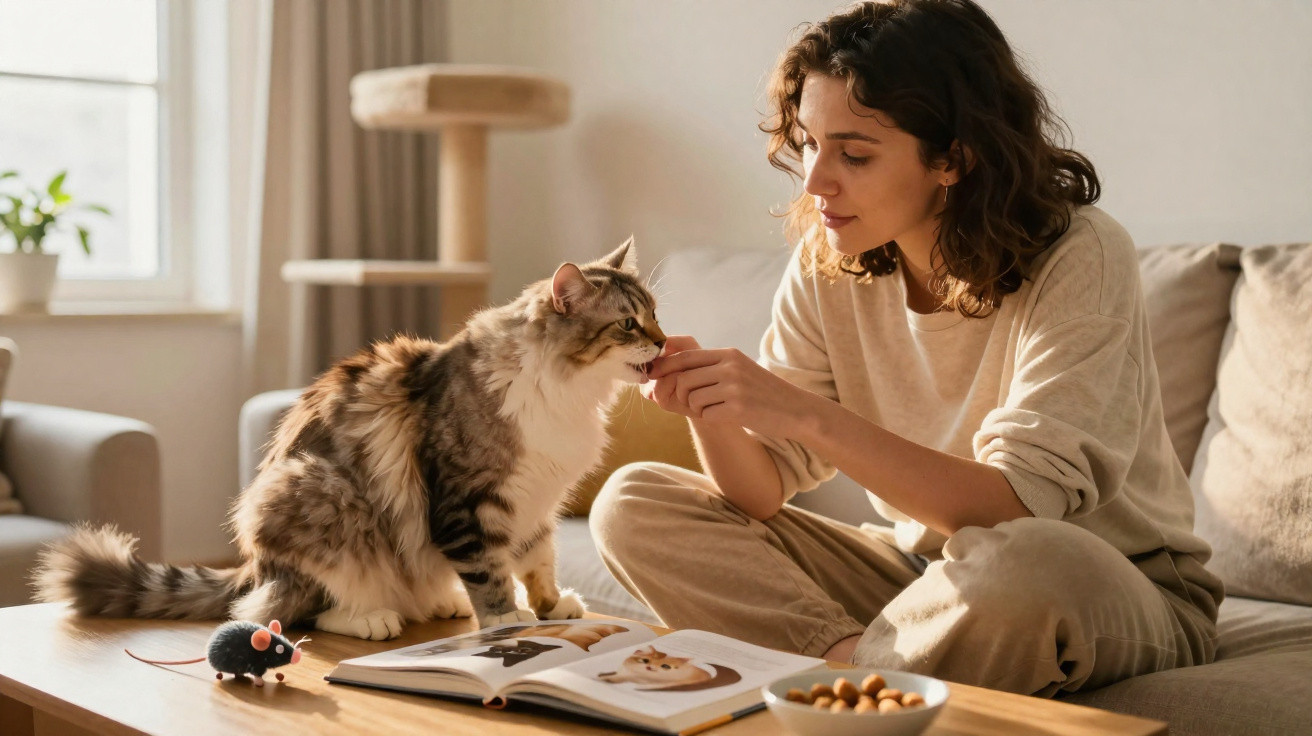 Mulher sentada no sofá a dar petisco a gato ao lado de livro aberto e brinquedo numa mesa.
