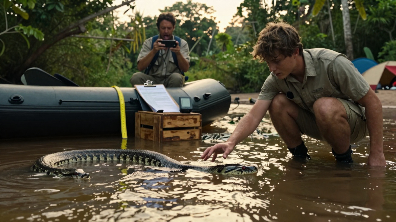 Dois homens em água rasa com uma cobra grande, um toca a cobra enquanto o outro tira fotos.