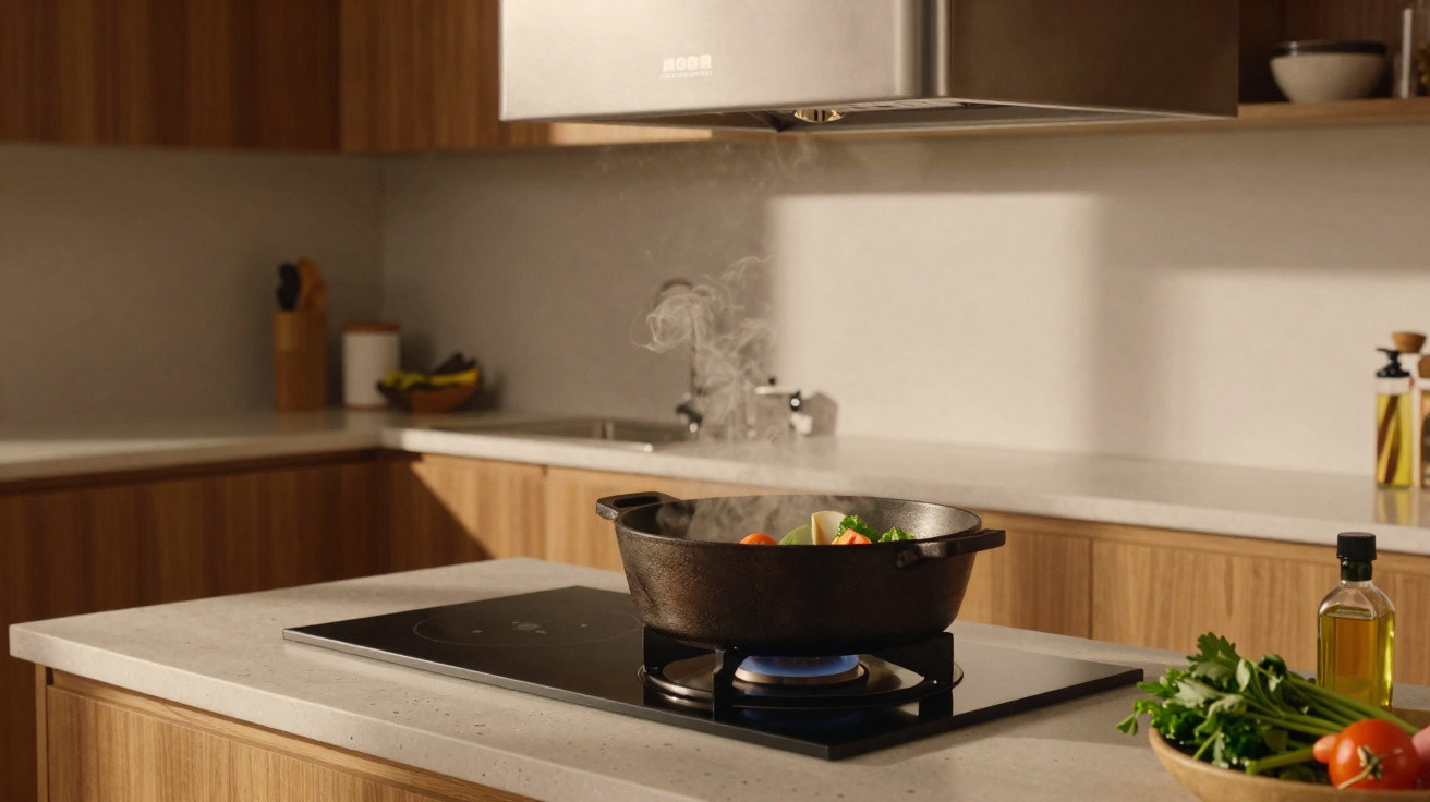 Panela preta com legumes a cozinhar em fogão a gás numa cozinha moderna com móveis de madeira.