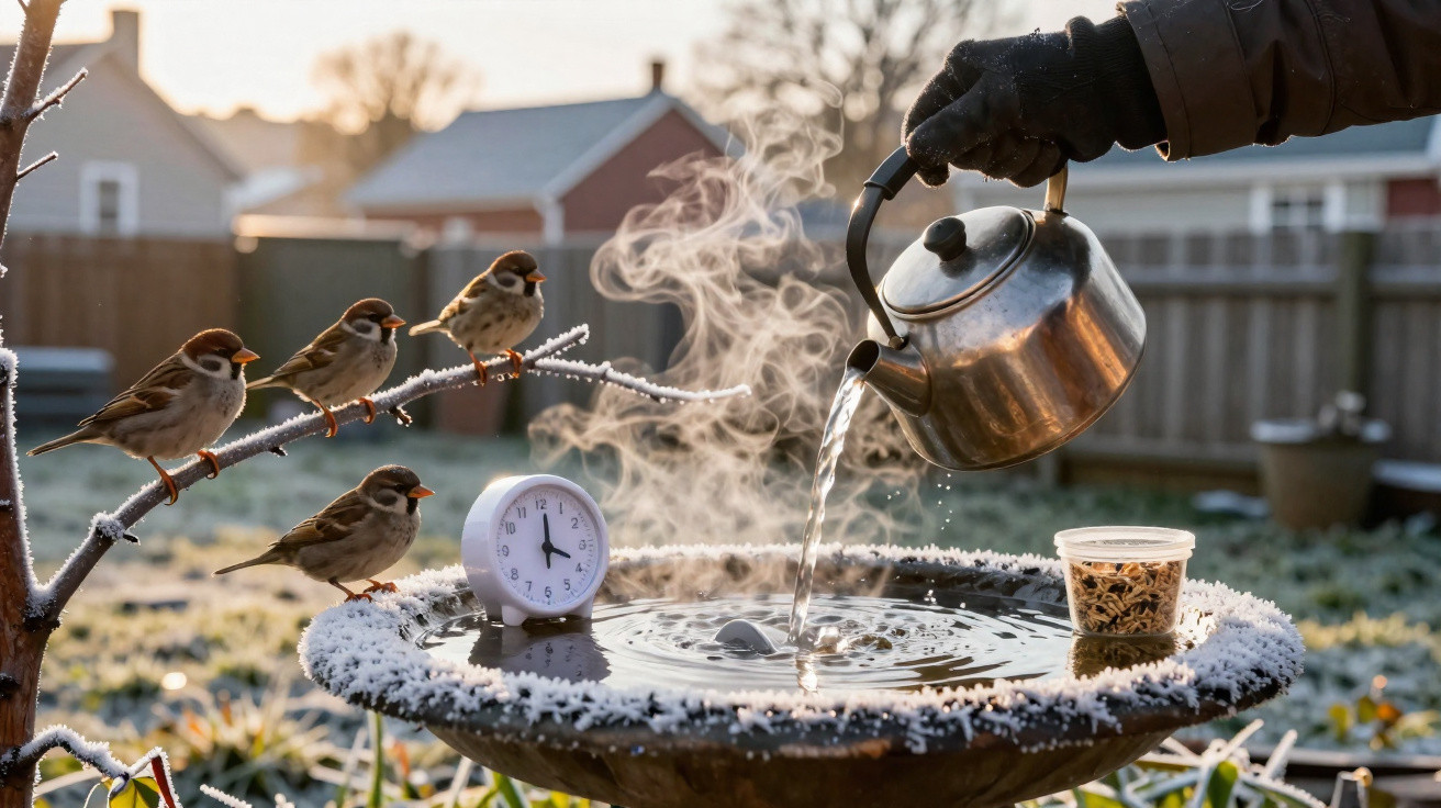 Mãos a despejar água quente numa fonte congelada, com pássaros e relógio, num jardim frio ao amanhecer.