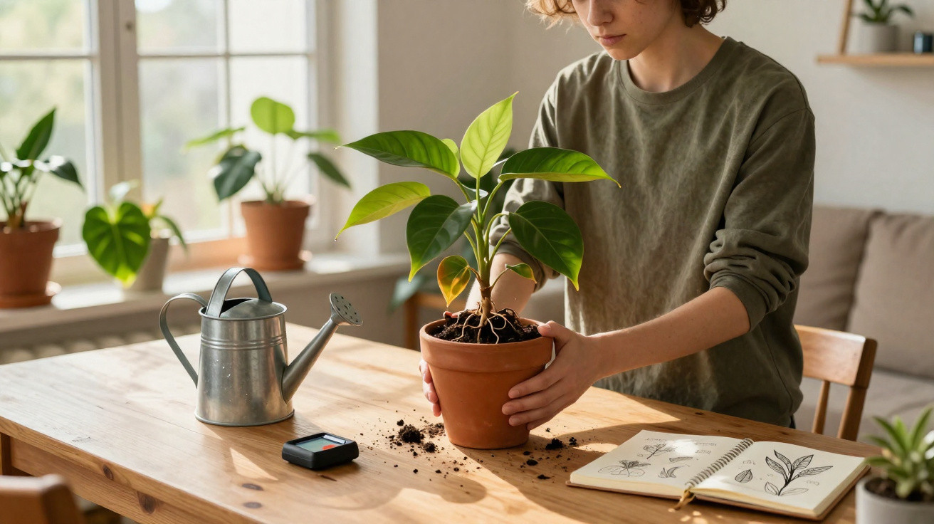 Pessoa a transplantar uma planta em vaso dentro de casa, com regador e caderno de plantas numa mesa de madeira.