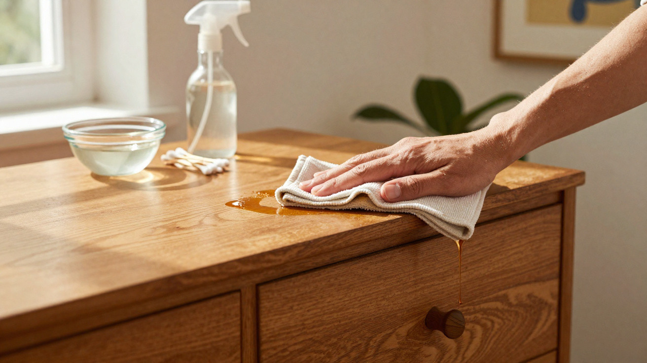 Pessoa a limpar líquido derramado numa cómoda de madeira com um pano branco, spray e copo ao fundo.